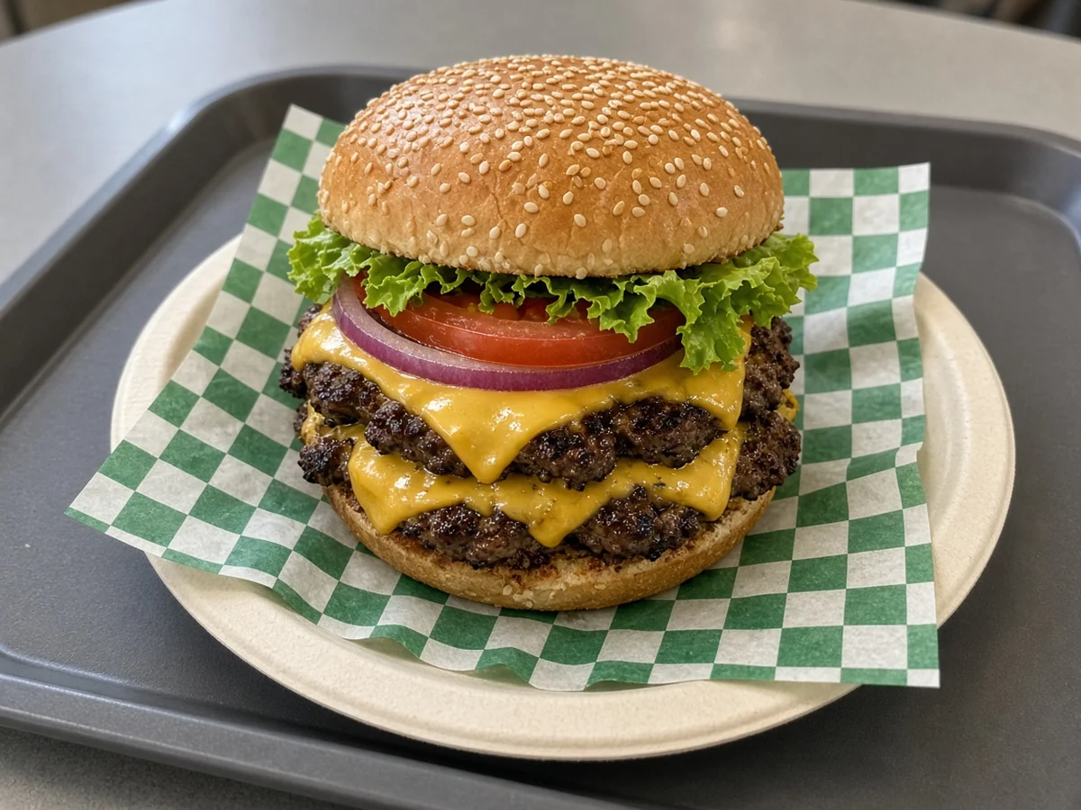Double cheeseburger with two grilled beef patties, melted cheese, lettuce, tomato and red onion on a sesame bun